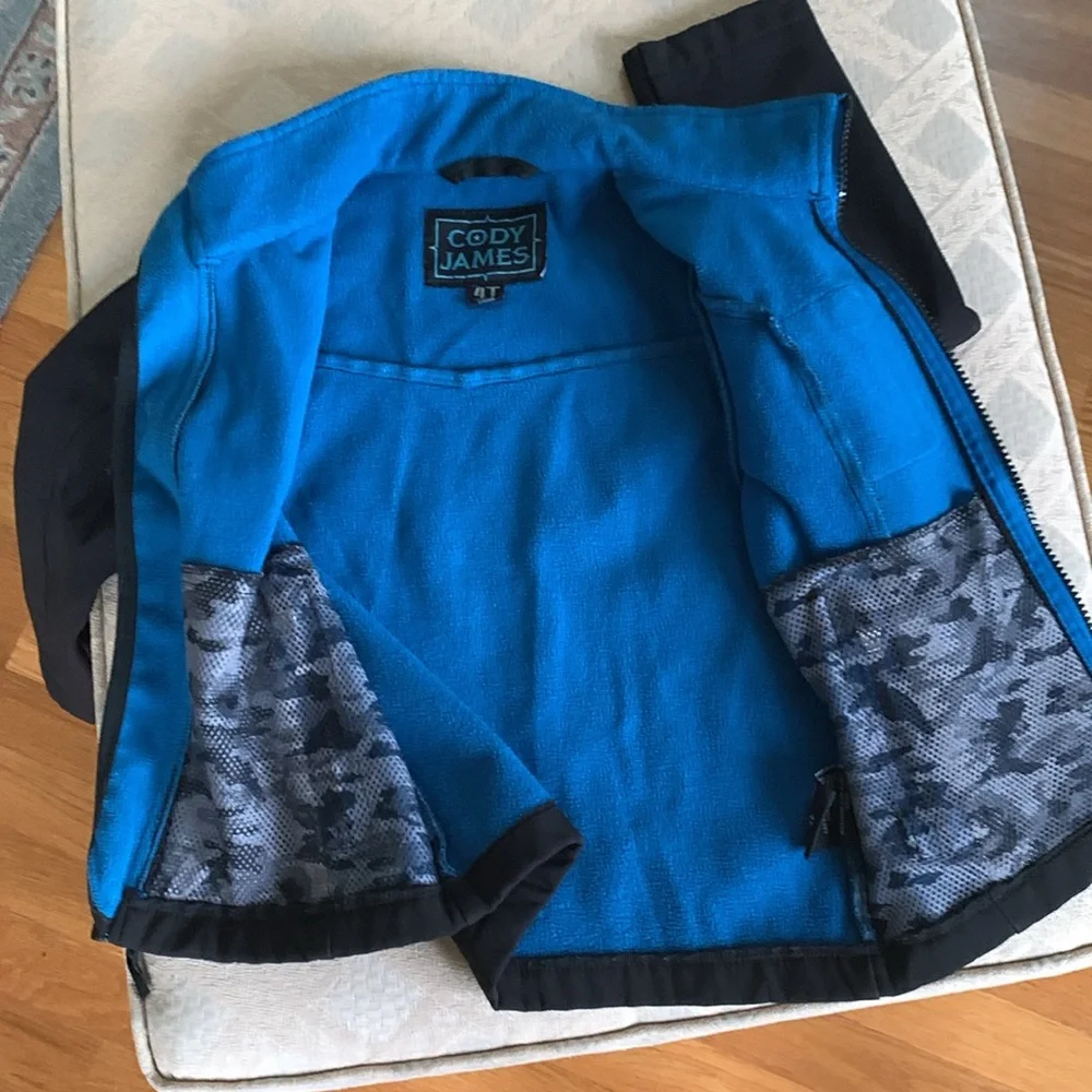 Kids Black Softshell Jacket with Blue Trim